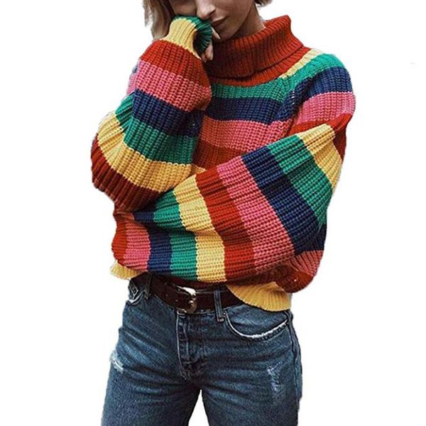 women's sweaters long sleeves spring autumn casual rainbow striped loose women sweater party winter pullover soft charming turtleneck c, White;black
women's sweaters long sleeves spring autumn casual rainbow striped loose women sweater party winter pullover soft charming turtleneck c, White;black