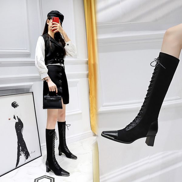 boots european and american fashion thick-heel high-heel metal square-toe suede splicing cross straps with high boots, Black
boots european and american fashion thick-heel high-heel metal square-toe suede splicing cross straps with high boots, Black