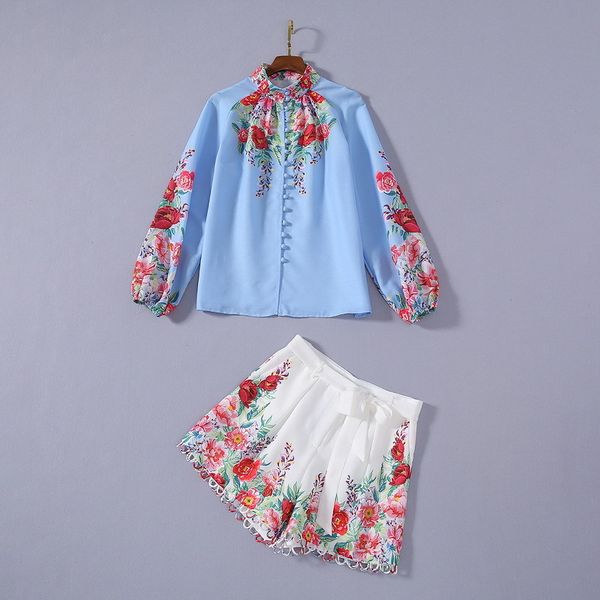 European and American women's clothing summer style Long-sleeved stand collar flower print shirt Printed shorts suit, White
European and American women's clothing summer style Long-sleeved stand collar flower print shirt Printed shorts suit, White