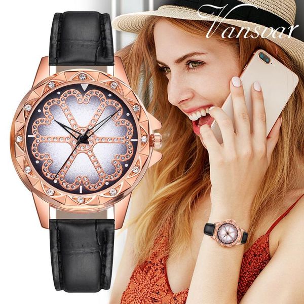 

wristwatches vansvar women's watch casual quartz leather band lucky flower rhinestone ladies watches clock women 2021 relogio feminino, Slivery;brown