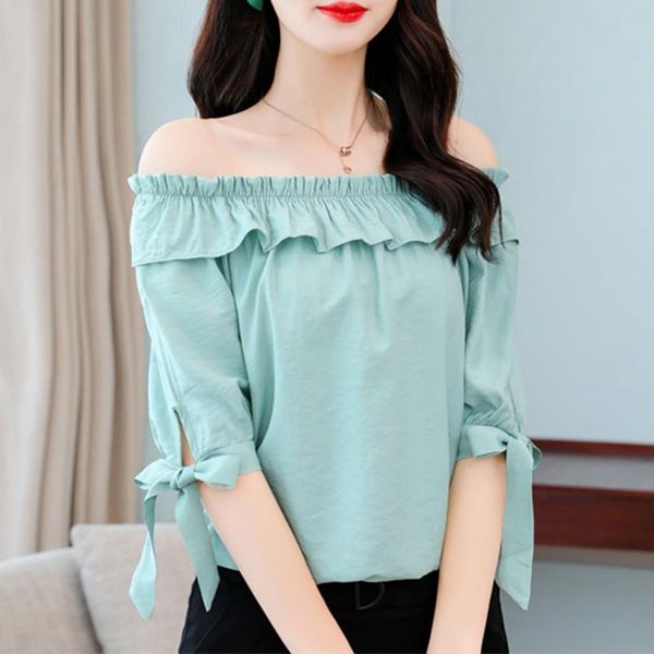 women's blouses & shirts half-sleeved ruffled diagonal collar summer clothes green fashion, White
women's blouses & shirts half-sleeved ruffled diagonal collar summer clothes green fashion, White