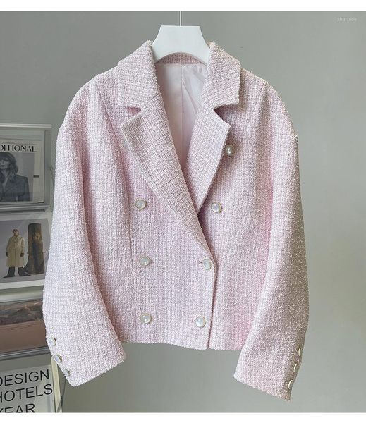 women's wool & blends spring autumn designer pink color tweed coat c919, Black 
women's wool & blends spring autumn designer pink color tweed coat c919, Black