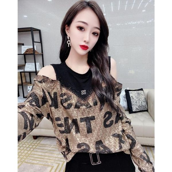 women's t-shirt 2021 spring loose long sleeve diamond letter off shoulder shirt, White
women's t-shirt 2021 spring loose long sleeve diamond letter off shoulder shirt, White