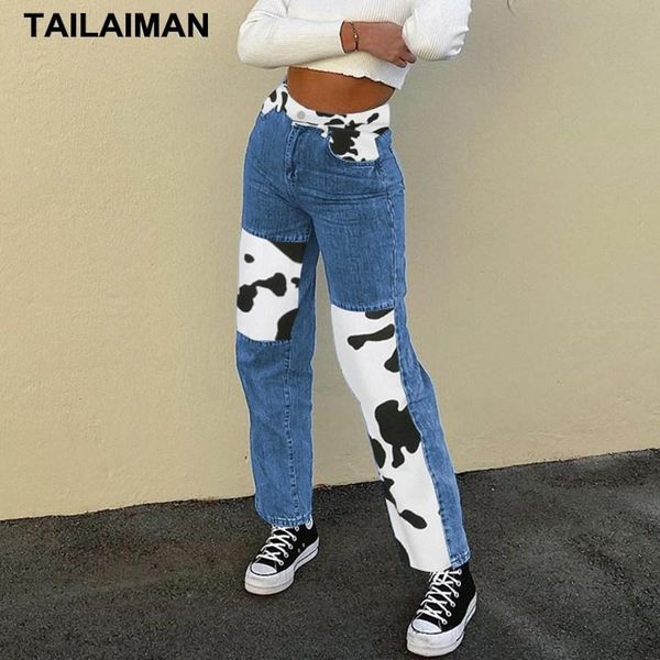 european american style street jeans 2021 autumn women's high waist fashion straight cow print stitching casual pants & capris, Black;white
european american style street jeans 2021 autumn women's high waist fashion straight cow print stitching casual pants & capris, Black;white
