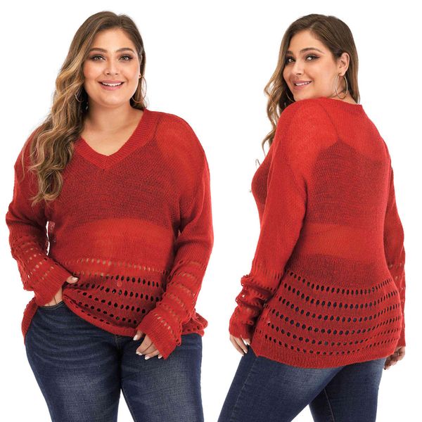 women's plus size large solid v-ne thin hollow out perspective long sleeve woven pullover 1435
women's plus size large solid v-ne thin hollow out perspective long sleeve woven pullover 1435