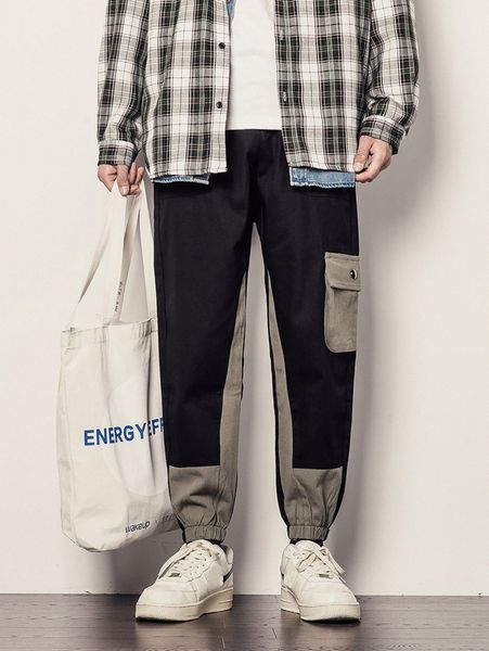 men contrast panel flap pocket side cargo pants x32e#, Black
men contrast panel flap pocket side cargo pants x32e#, Black