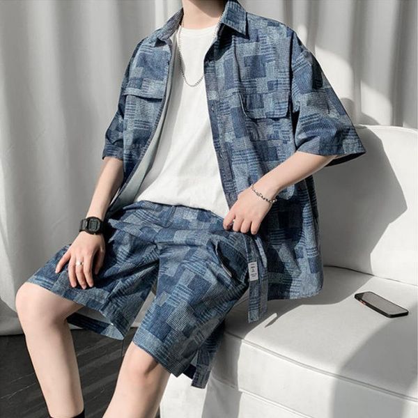 men's tracksuits checked denim short-sleeved suit five-minute shirt summer thin vintage hong kong fashion handsome two-piece set, Gray
men's tracksuits checked denim short-sleeved suit five-minute shirt summer thin vintage hong kong fashion handsome two-piece set, Gray