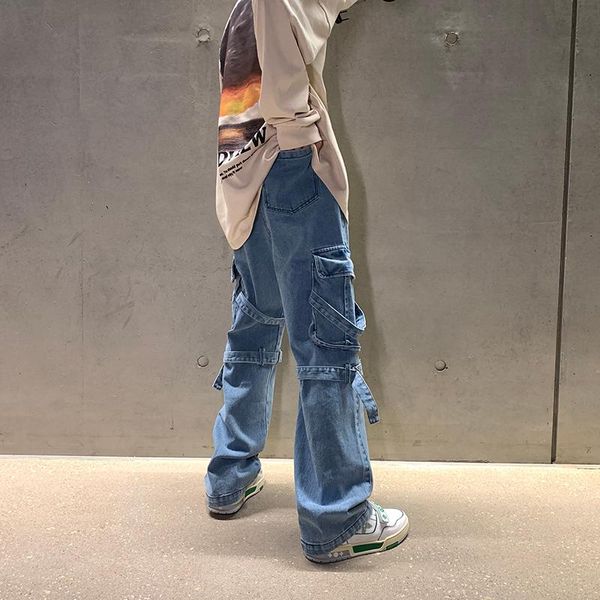 men's jeans chic cargo pants hip hop straight casual multi-pockets zipper decor high street trousers, Blue