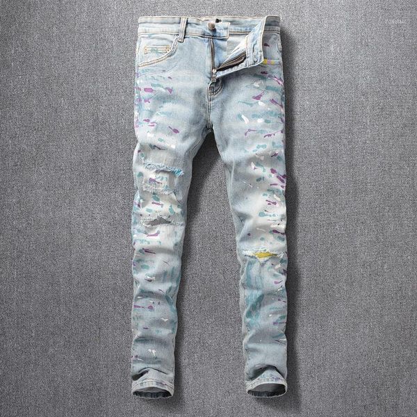 street fashion men's jeans with holes painted homme pantalon moto males ripped denim motorcycle pants, Blue
street fashion men's jeans with holes painted homme pantalon moto males ripped denim motorcycle pants, Blue