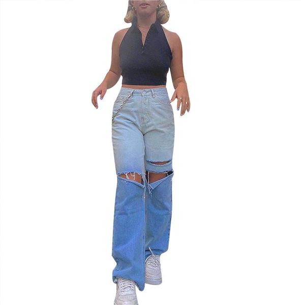 women's wide leg jeans personalized gradient chain high waist perforated elastic ripped denim pants, Blue
women's wide leg jeans personalized gradient chain high waist perforated elastic ripped denim pants, Blue