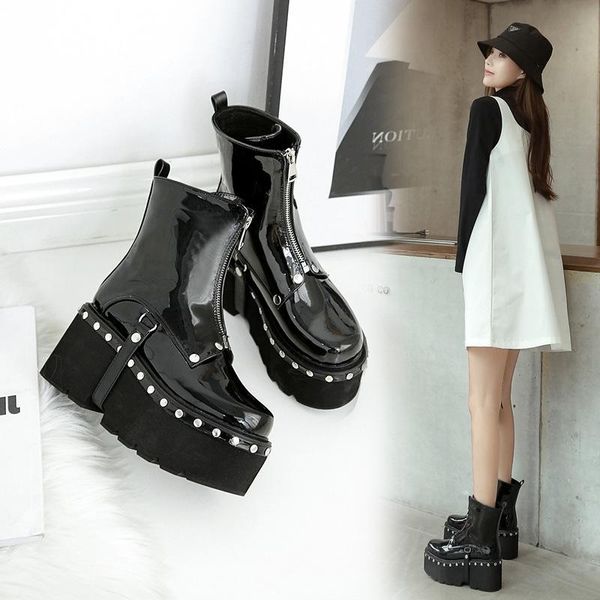 boots autumn and winter 2021 wind big head thick sole heel round patent leather rivet women's high short, Black
boots autumn and winter 2021 wind big head thick sole heel round patent leather rivet women's high short, Black