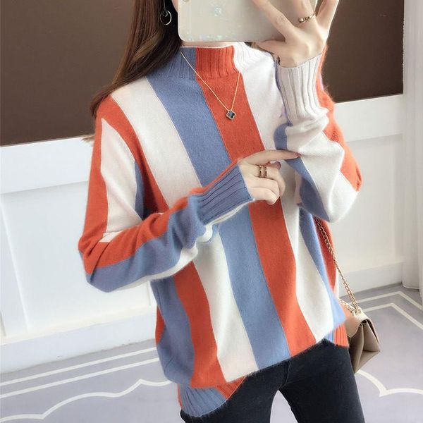 women's sweaters 2021 autumn and winter sweater sets of long-sleeved half-high collar color matching striped knit, White;black
women's sweaters 2021 autumn and winter sweater sets of long-sleeved half-high collar color matching striped knit, White;black