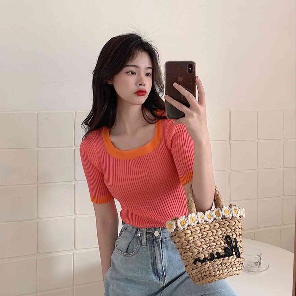 t-shirt 2021 dress pure summer net red design sense color matching knitted women's foreign style short sleeve t-shirt fashion, White
t-shirt 2021 dress pure summer net red design sense color matching knitted women's foreign style short sleeve t-shirt fashion, White