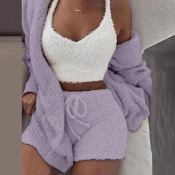 two piece dress women sleeping casual winter plush pajamas three-piece set cardigan blouse short pant long sleeve polyester bedroom ves, White
two piece dress women sleeping casual winter plush pajamas three-piece set cardigan blouse short pant long sleeve polyester bedroom ves, White