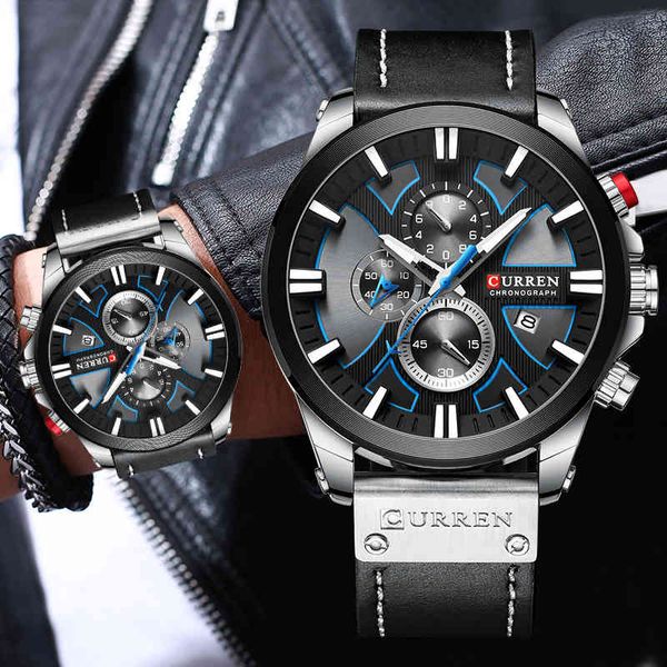

curren watch for men brand luxury chronograph sport mens watches leather quartz clock male wristwatch relogio masculino 210517, Slivery;brown