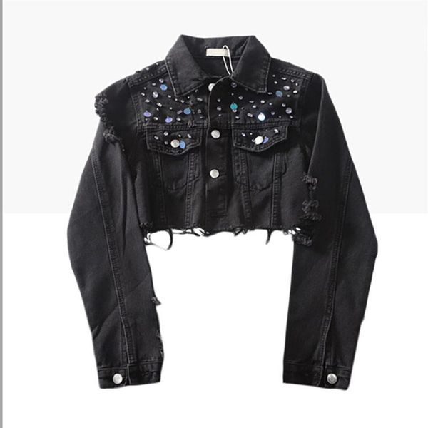 sequined short denim coat trendy girls street spring single breasted ripped black jean jacket women women's jackets, Black;brown
sequined short denim coat trendy girls street spring single breasted ripped black jean jacket women women's jackets, Black;brown