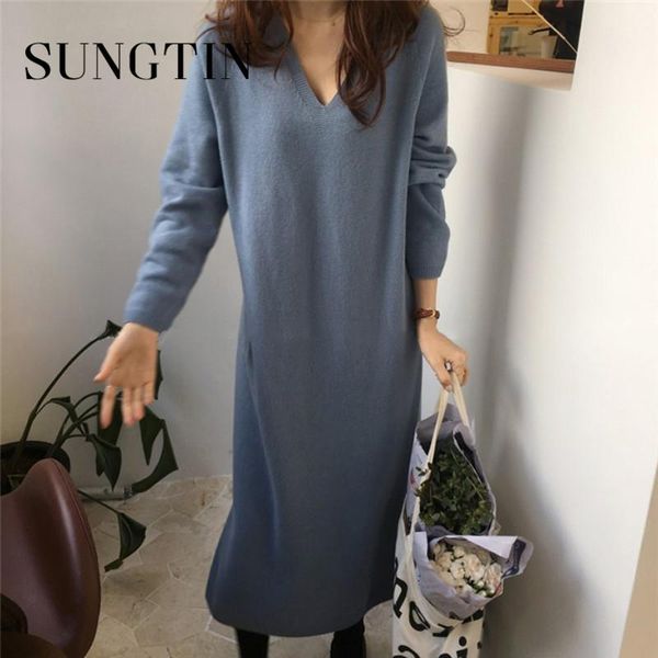 casual dresses sungtin loose woman long sweater dress autumn korean knitted oversized women v neck elegant basic vestidos, Black;gray
casual dresses sungtin loose woman long sweater dress autumn korean knitted oversized women v neck elegant basic vestidos, Black;gray