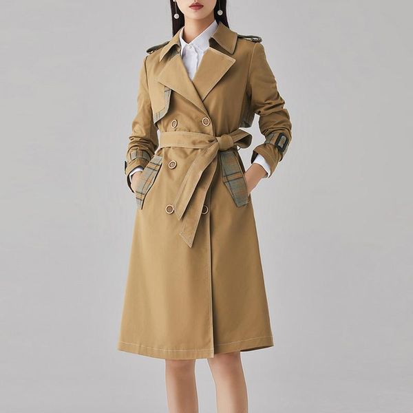 women's trench coats 2021 spring spliced plaid coat temperament khaki british medium long windbreaker women, Tan;black
women's trench coats 2021 spring spliced plaid coat temperament khaki british medium long windbreaker women, Tan;black