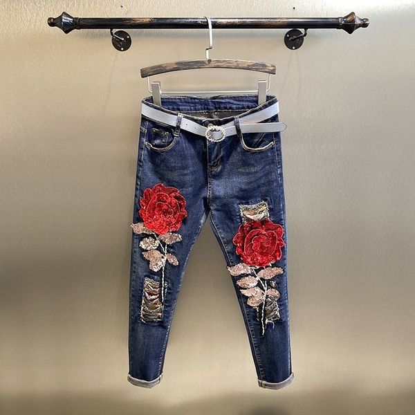 women's jeans high-waisted brim pants office lady spring sequins embroidered flowers torn pencil holes pant straight women streetwear o, Blue
women's jeans high-waisted brim pants office lady spring sequins embroidered flowers torn pencil holes pant straight women streetwear o, Blue