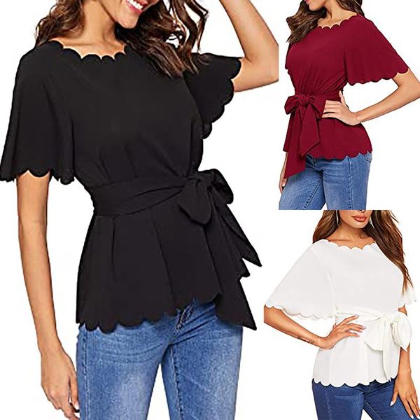 women's t-shirt summer fashion loose tie waist burnt lace o-neck solid color female t shirt short sleeve for women, White
women's t-shirt summer fashion loose tie waist burnt lace o-neck solid color female t shirt short sleeve for women, White