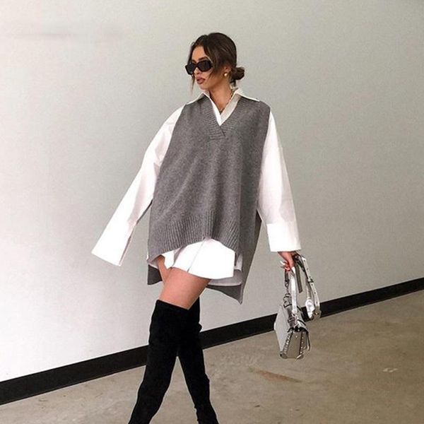 women's sweaters neck 2021 women split vest sweater dress sleeveless gray autumn winter loose casual knitted jumper oversized pullover, White;black
women's sweaters neck 2021 women split vest sweater dress sleeveless gray autumn winter loose casual knitted jumper oversized pullover, White;black