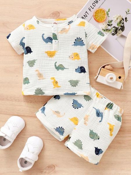 baby dinosaur print half button & shorts she, White
baby dinosaur print half button & shorts she, White