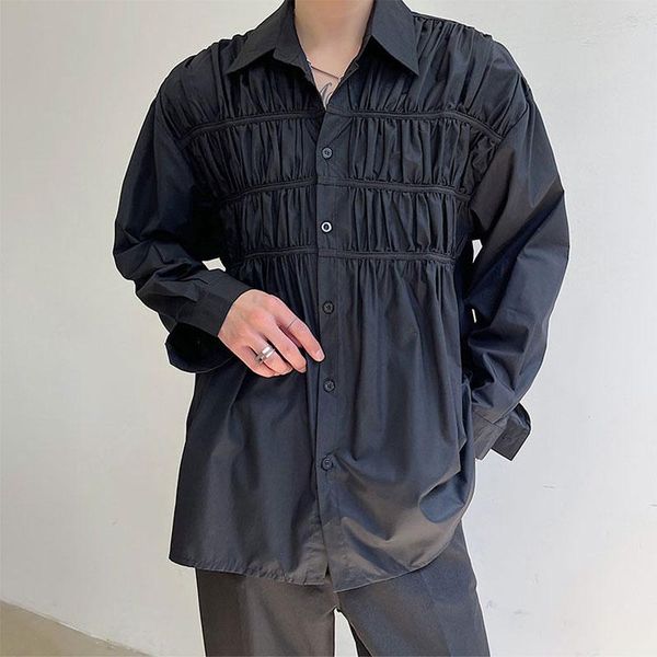 men's casual shirts pleated design men loose long sleeve dress shirt male harajuku streetwear vintage chic fashion man blouse, White;black
men's casual shirts pleated design men loose long sleeve dress shirt male harajuku streetwear vintage chic fashion man blouse, White;black
