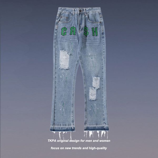tkpa high street letter embroidered hole denim pants casual style micro flared pants for men and women, Black
tkpa high street letter embroidered hole denim pants casual style micro flared pants for men and women, Black