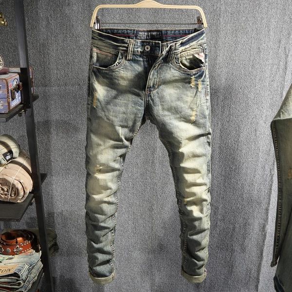 men's jeans european vintage fashion men retro distressed slim fit ripped casual designer cotton denim pants, Blue
men's jeans european vintage fashion men retro distressed slim fit ripped casual designer cotton denim pants, Blue