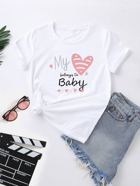 1pc heart & slogan graphic tee x3if#, White