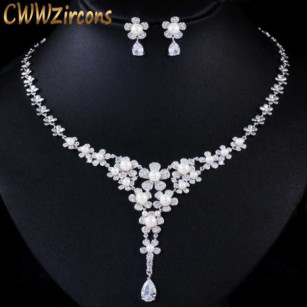 cwwzircons elegant cz zirconia crystal flower drop necklace pearl jewelry sets for wedding party women costume accessories t360 h1022, Silver
cwwzircons elegant cz zirconia crystal flower drop necklace pearl jewelry sets for wedding party women costume accessories t360 h1022, Silver