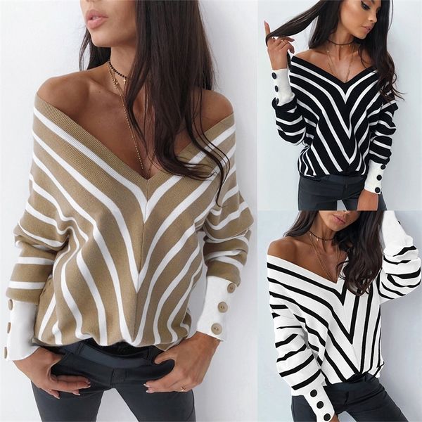 new off shoulder striped v-neck sweater loose long sleeve bottomed shirt women's autumn and winter sweater, White;black
new off shoulder striped v-neck sweater loose long sleeve bottomed shirt women's autumn and winter sweater, White;black