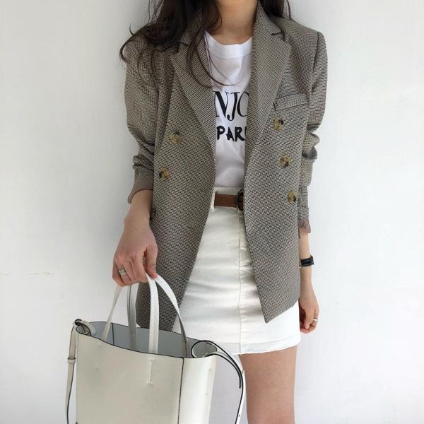 women's suits & blazers bgteever classic plaid double breasted women jacket blazer notched collar female coat fashion houndstooth outwe, White;black 
women's suits & blazers bgteever classic plaid double breasted women jacket blazer notched collar female coat fashion houndstooth outwe, White;black