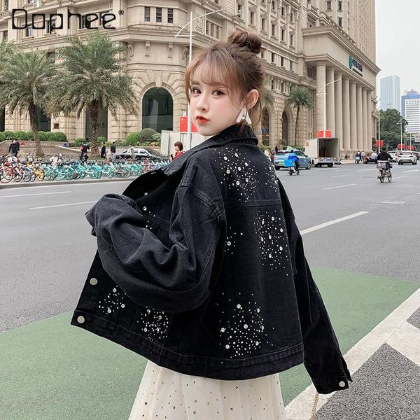 women's jackets 2021 spring and autumn korean style black denim jacket rhinestone beaded loose-fitting top, Black;brown
women's jackets 2021 spring and autumn korean style black denim jacket rhinestone beaded loose-fitting top, Black;brown