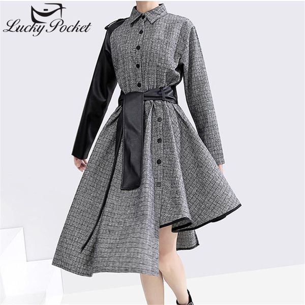 women spring autumn black plaid patchwork pu sashes dress female sweet plus size vestidos ladies brand casual dresses zm784, Black;gray
women spring autumn black plaid patchwork pu sashes dress female sweet plus size vestidos ladies brand casual dresses zm784, Black;gray