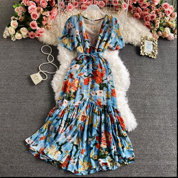 bohemian vacation beach floral women dress printed long v neck short sleeve high waist ruffle hem vestidos spring summer, Black;gray
bohemian vacation beach floral women dress printed long v neck short sleeve high waist ruffle hem vestidos spring summer, Black;gray
