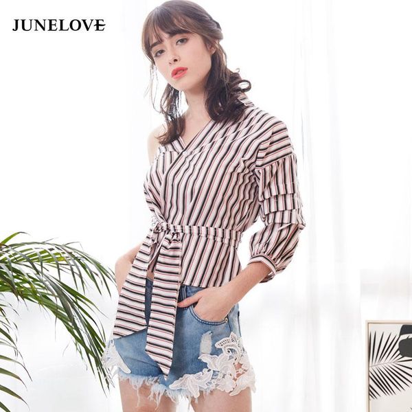 women's blouses & shirts junelove 2021 spring one shoulder striped shirt blouse women casual sashes plaid streetwear blusas, White
women's blouses & shirts junelove 2021 spring one shoulder striped shirt blouse women casual sashes plaid streetwear blusas, White
