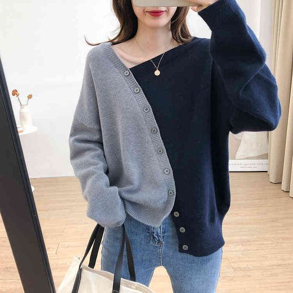 women blouses korean-style contrast loose knitted or crocheted tunic for woman oblique buttons winter sweaters a99, White;black
women blouses korean-style contrast loose knitted or crocheted tunic for woman oblique buttons winter sweaters a99, White;black