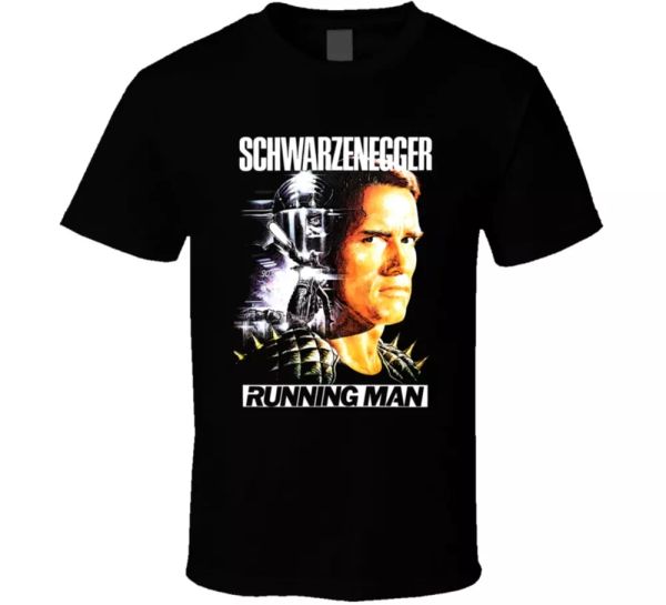 running man arnold schwarzenegger movie stephen king poster fan t shirt, White;black
running man arnold schwarzenegger movie stephen king poster fan t shirt, White;black