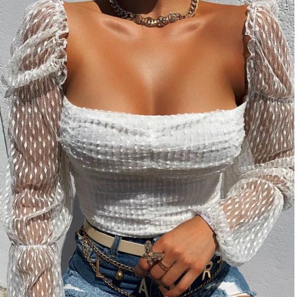 women's blouses & shirts fashion elegant women mesh blouse lace tulle long sleeve strappy crops lady off shoulder square collar casual, White
women's blouses & shirts fashion elegant women mesh blouse lace tulle long sleeve strappy crops lady off shoulder square collar casual, White