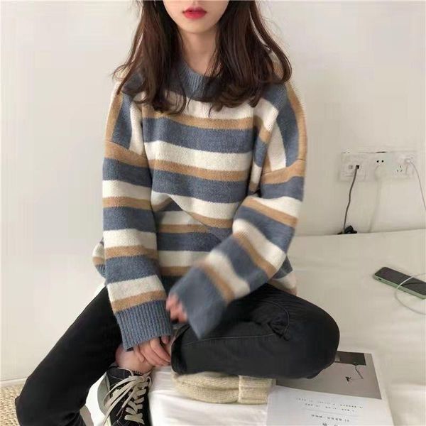 women's sweaters 2021 autumn winter contrast striped sweater female student korean loose pullover warm pullovers top, White;black
women's sweaters 2021 autumn winter contrast striped sweater female student korean loose pullover warm pullovers top, White;black