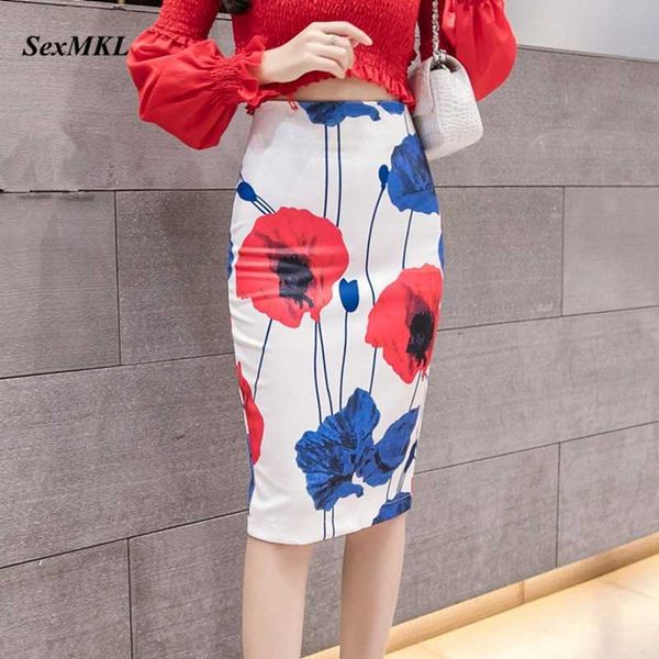 women long pencil skirt summer casual high waist skirts womens clothes floral printed korean office bodycon skirt 210528, Black