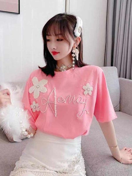 women's short-sleeved t-shirt 2021 summer korean style sweet beaded three-dimensional flower loose all-matching, White
women's short-sleeved t-shirt 2021 summer korean style sweet beaded three-dimensional flower loose all-matching, White