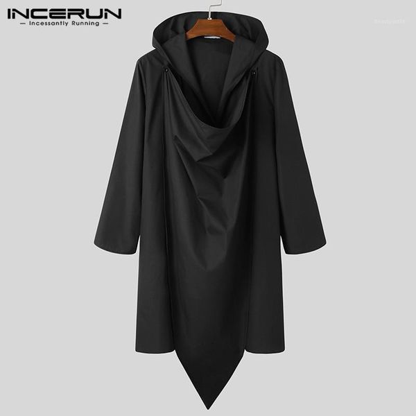 men's trench coats incerun fashion men hooded solid long sleeve punk casual button irregular streetwear loose chic mens cloak jackets, Tan;black 
men's trench coats incerun fashion men hooded solid long sleeve punk casual button irregular streetwear loose chic mens cloak jackets, Tan;black