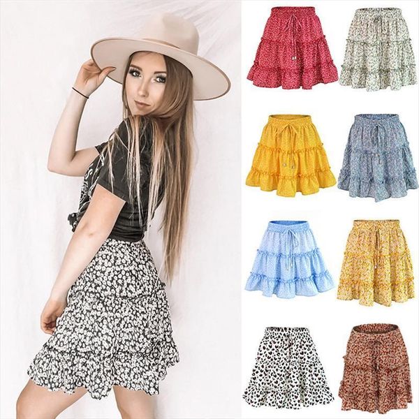 beach floral dot summer above knee womens skirts high waist lace up casual fashion frills short mini, Black 
beach floral dot summer above knee womens skirts high waist lace up casual fashion frills short mini, Black