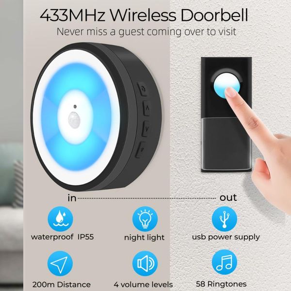 doorbells wireless waterproof usb powered ip55 smart doorbell door bell ring 433mhz led night light plug-cordless dong chime
doorbells wireless waterproof usb powered ip55 smart doorbell door bell ring 433mhz led night light plug-cordless dong chime