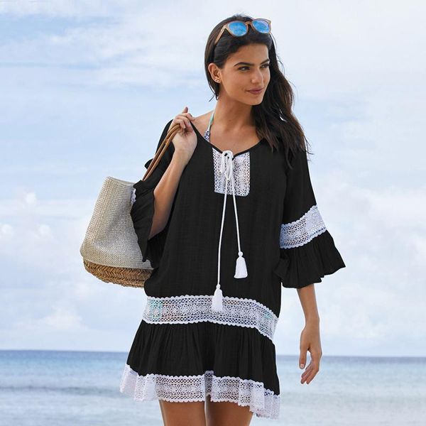 women's swimwear flare sleeve summer mini dress women lace patchwork bikini cover up tie casual tunics for beach bathing suit, White;black
women's swimwear flare sleeve summer mini dress women lace patchwork bikini cover up tie casual tunics for beach bathing suit, White;black