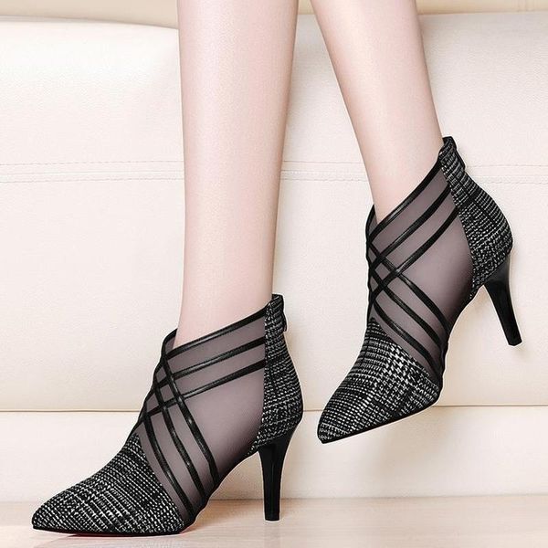 

dress shoes fashion mesh lace crossed stripe women ladies casual pointed toe high stilettos heels pumps feminine sandals, Black