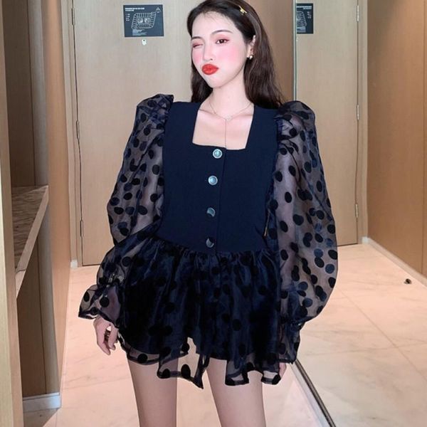 women's blouses & shirts 2021 spring fashion design trendy mesh ruffles trim shirt puff long sleeve button slim princess blouse, White
women's blouses & shirts 2021 spring fashion design trendy mesh ruffles trim shirt puff long sleeve button slim princess blouse, White