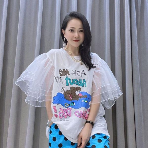 women's t-shirt puff sleeve cartoon printed o-neck summer pullovers women mesh spliced, White
women's t-shirt puff sleeve cartoon printed o-neck summer pullovers women mesh spliced, White